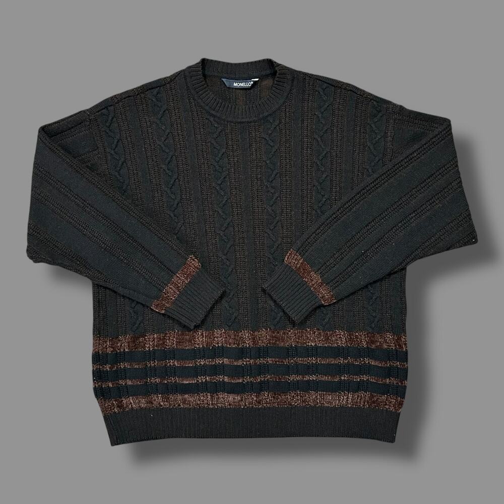 Vintage 90s Sweater Chunky Knit Geometric Pattern Crewneck Pullover Black Italy